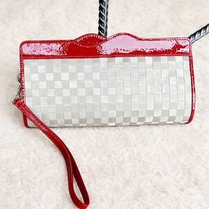 Woven Clutch Wristlet Red Patent Trim Organizer Wallet Cosmetic Travel Case Bag